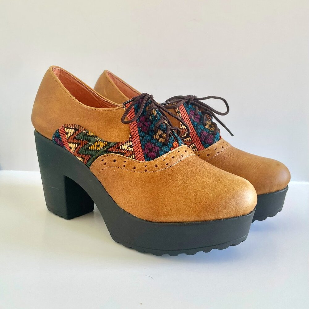 Embroidered Leather Lace Up Platform Shoes J & H Company